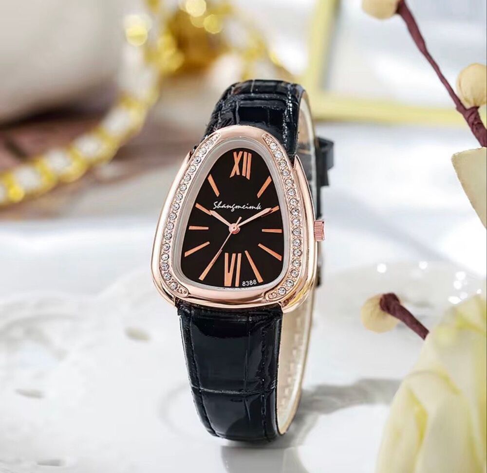 Womens Black Vegan Leather Crystal Watch Rose Gold Tone Elegant Dress Wristwatch